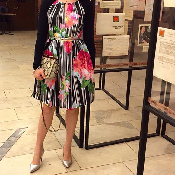 ELLEN TRACY 2 XS Floral Dress Stripe Fit Flare Keyhole Midi 50s Retro 4 S 1950s - Picture 6 of 14